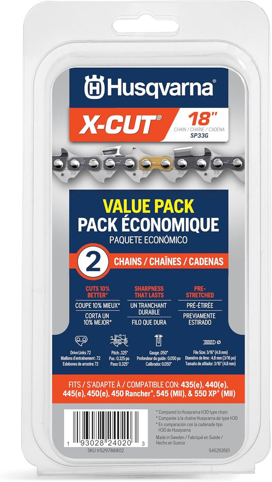 Husqvarna X-Cut SP33G 18 Inch Chainsaw Chain, 2 Pack, 325" Pitch, 050" Gauge, 72 Drive Link Chainsaw Blade Replacement, Pre-Stretched and Low Kickback, Gray