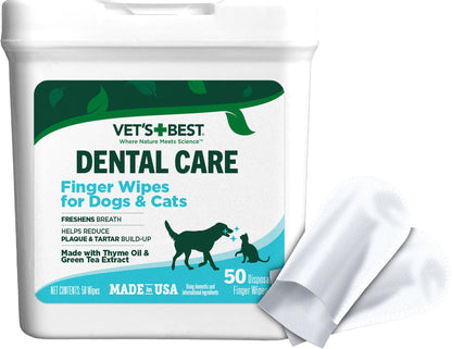 Vet's Best Dental Care Finger Wipes | Reduces Plaque & Freshens Breath | Teeth Cleaning Finger Wipes for Dogs & Cats | 50 Disposable Wipes