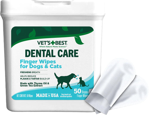 Vet's Best Dental Care Finger Wipes | Reduces Plaque & Freshens Breath | Teeth Cleaning Finger Wipes for Dogs & Cats | 50 Disposable Wipes