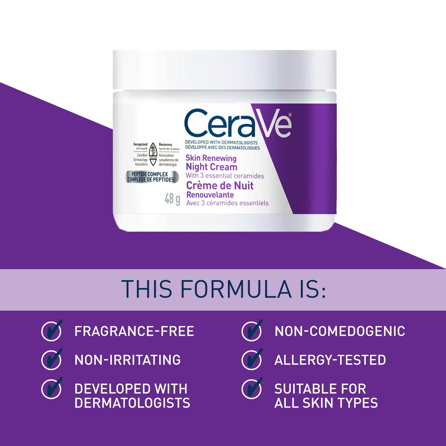 CeraVe Night Cream for Face, Skin Renewing Moisturizer for Men & Women With Hyaluronic Acid, Niacinamide, Bio Peptides & Ceramides. Fragrance Free, Non-comedogenic, Suitable for Sensitive Skin