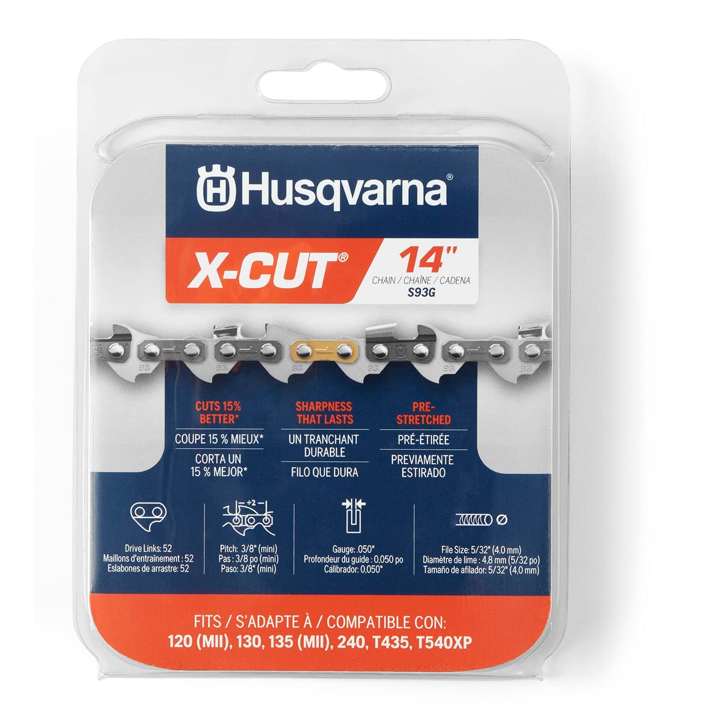 Husqvarna X-Cut S93G 16 Inch Chainsaw Chain, 3/8" Mini Pitch, .050" Gauge, 56 Drive Link Chainsaw Blade Replacement, Pre-Stretched and Low Kickback, Gray