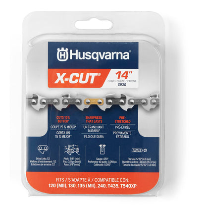 Husqvarna X-Cut S93G 16 Inch Chainsaw Chain, 3/8" Mini Pitch, .050" Gauge, 56 Drive Link Chainsaw Blade Replacement, Pre-Stretched and Low Kickback, Gray
