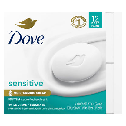 Dove Beauty Bar More Moisturizing Than Bar Soap for Softer Skin, Fragrance Free, Hypoallergenic Sensitive Skin With Gentle Cleanser 1272g (Pack of 12)