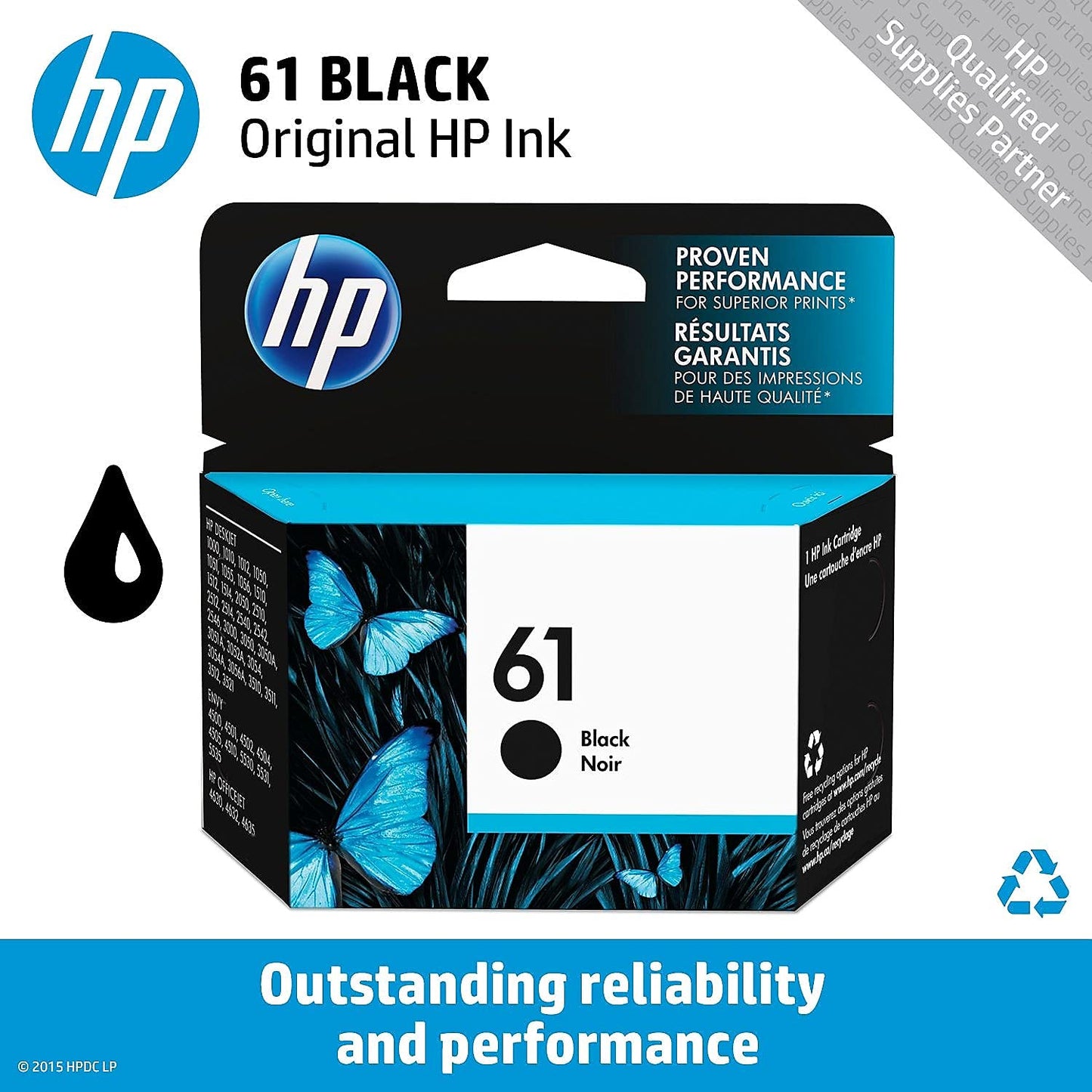 HP 61 Black Ink Cartridge | Works with DeskJet 1000, 1010, 1050, 1510, 2050, 2510, 2540, 3000, 3050, 3510; ENVY 4500, 5530; OfficeJet 2620, 4630 Series | Eligible for Instant Ink | CH561WN
