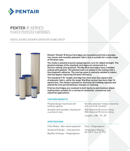 Pentair Pentek R50-BB Big Blue Sediment Water Filter, 10-Inch, Whole House Pleated Polyester Filter Cartridge, 10" x 4.5", 50 Micron, Pack of 2