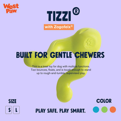 West Paw Zogoflex Tizzi Interactive Treat Dispensing Dog Fetch Play Toy, 100% Guaranteed Tough, It Floats!, Made in USA, 4.5-Inch Small, Aqua