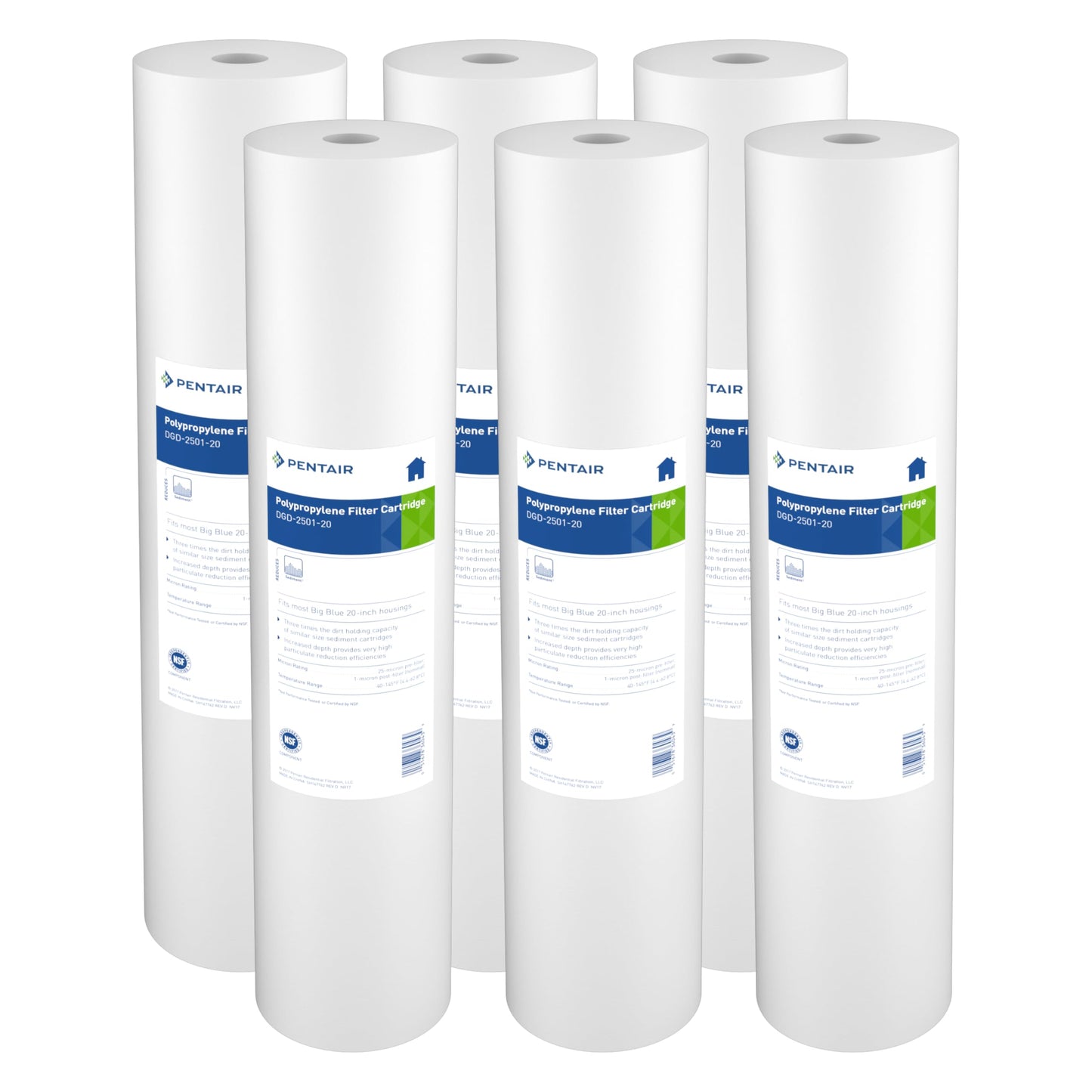 Pentair Pentek DGD-5005-20 Big Blue Water Filter, 20-Inch Whole House Sediment Filter Cartridge Replacement, Dual-Gradient Density Spun Polypropylene, 20" x 4.5", 5 Micron, Pack of 6, White