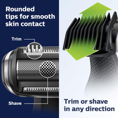 Philips Bodygroom Body & Intimate area Trimmer, Ultimate manscaping tool, removes short, long & thick hair in a single stroke with its 4 directional pivoting head. Skin protect technology, BG7025/15