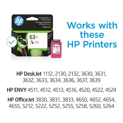 HP 63XL Black High-yield Ink Cartridge | Works with HP DeskJet 1112, 2130, 3630 Series; HP ENVY 4510, 4520 Series; HP OfficeJet 3830, 4650, 5200 Series | Eligible for Instant Ink | F6U64AN