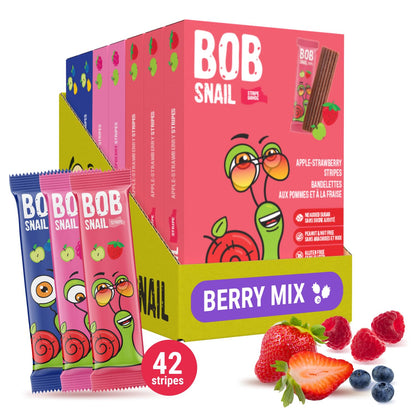 Bob Snail Fruit Leather Sweet & Sour Family Pack - Nut free fruit Roll Ups with Dried Mango,Sour Cherry & Blackcurrant, Candy box Fruit Snacks, All Natural Healthy Snacks for kids, Sugar Free sour Candy, 42 pcs Pack / 588 gram candy bulk (Exotic Mix)