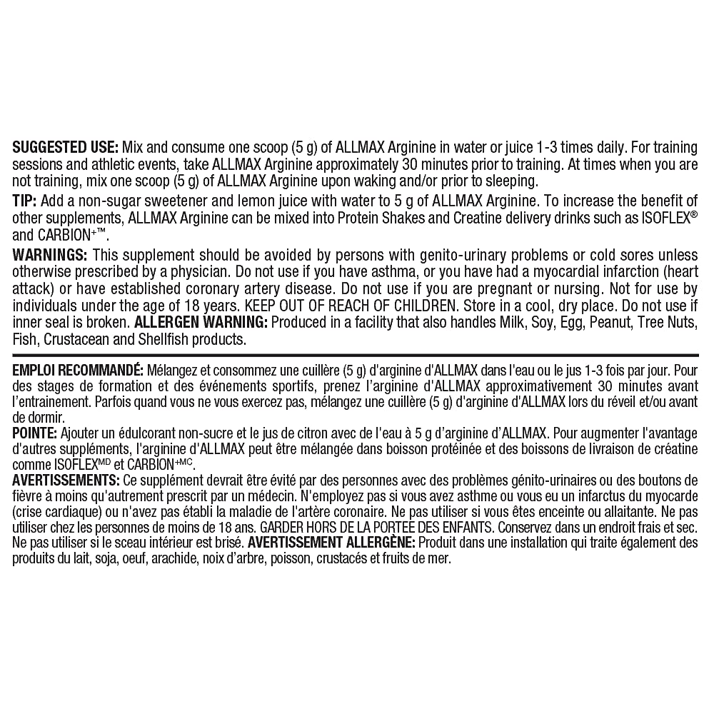 ALLMAX Nutrition Arginine Hcl - Maximum Strength + Absorption - Pharmaceutical Grade, 400g
