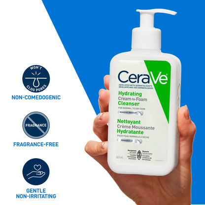 CeraVe Hydrating Cream-to-Foam Face Cleanser, One-Step Face Wash With Hyaluronic Acid & Amino Acid Complex, Gently Cleanses Skin, Non-Comedogenic, Fragrance-Free, Normal to dry skin, 562mL