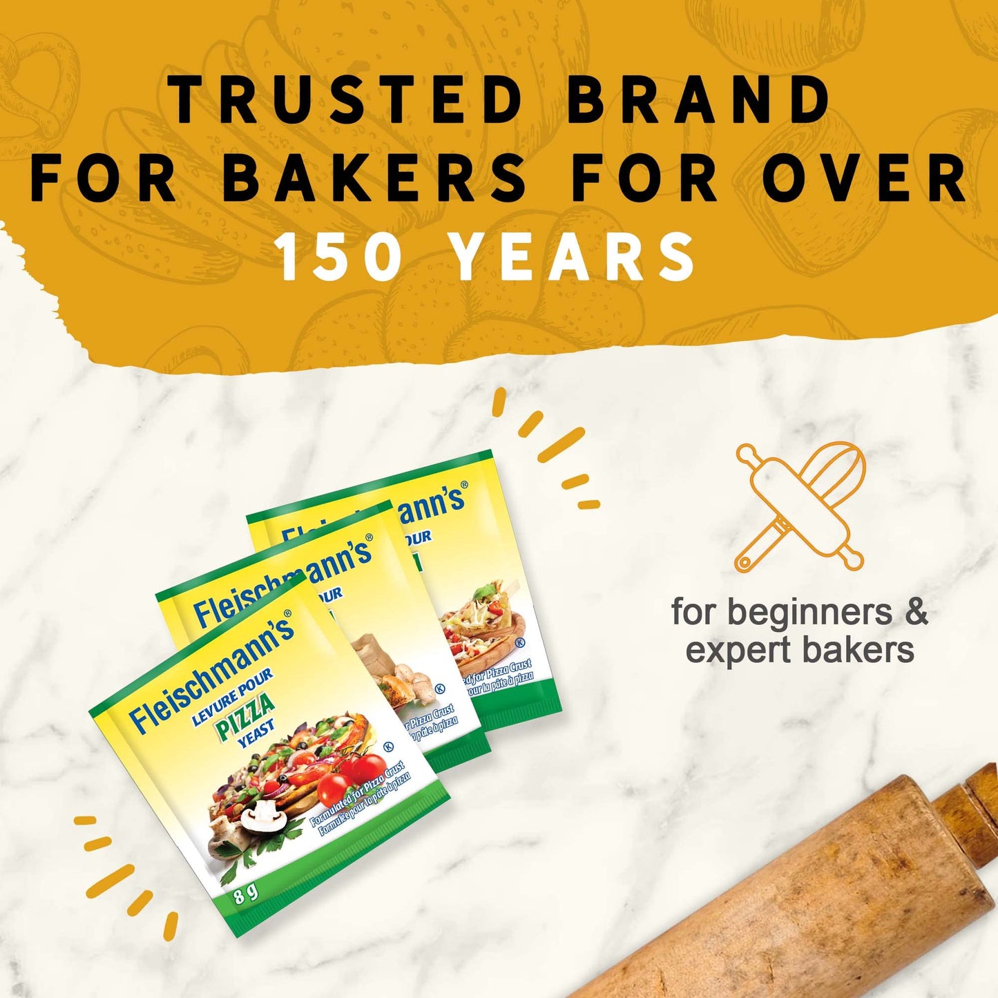 Fleischmann’s Pizza Dough Yeast 6 x 24 grams (8g per sachet), Pizza Yeast, Yeast for Thin, Thick, or Whole-Wheat Pizza Crust, Makes Pizza Dough Fresh in 30 Minutes