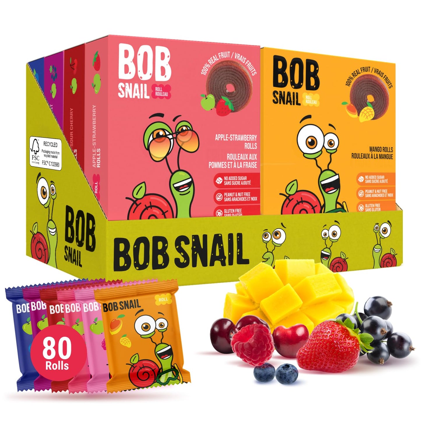Bob Snail Healthy Snacks Berry Mix Family Pack - Nut free fruit Rolls with Blueberry, Raspberry & Strawberry, Candy box Fruit Snacks, All Natural Healthy Snacks for kids, No Added Sugar sour Candy, 80 pcs Pack / 800 gram candy bulk (Blueberry, Raspberry &