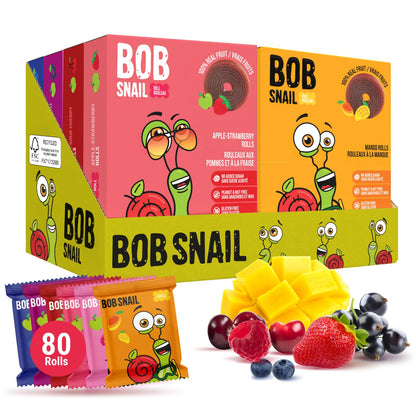 Bob Snail Healthy Snacks Berry Mix Family Pack - Nut free fruit Rolls with Blueberry, Raspberry & Strawberry, Candy box Fruit Snacks, All Natural Healthy Snacks for kids, No Added Sugar sour Candy, 80 pcs Pack / 800 gram candy bulk (Blueberry, Raspberry &