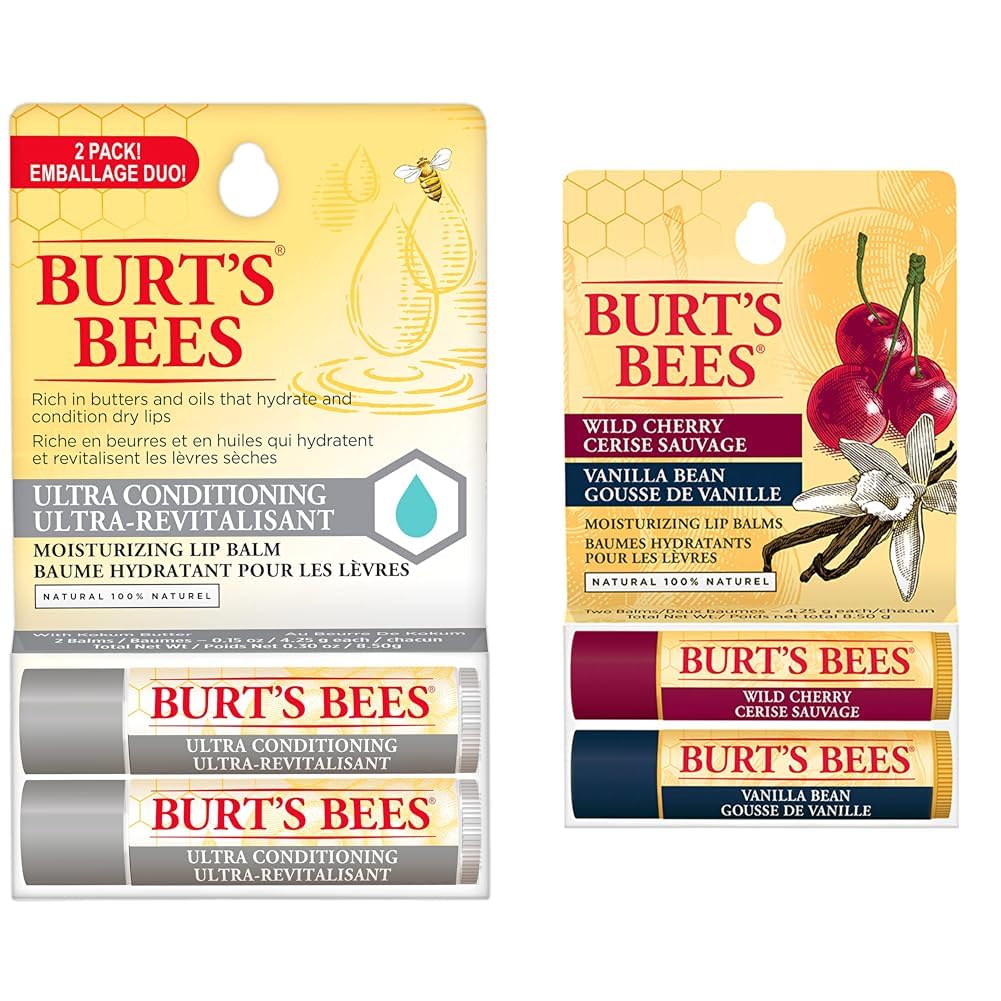 Burt's Bees Hydrating Lip Balm for Dry Chapped and Cracked Lips 100% Natural Origin, Ultra Conditioning with Kokum Butter, Shea Butter, and Cocoa Butter, Unscented, 2 Tubes