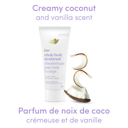 Dove Whole Body Deodorant Cream Aluminum Free Deodorant for Women Coconut & Vanilla Scent for Pits, Privates, & Thighs to Toes 73 ml