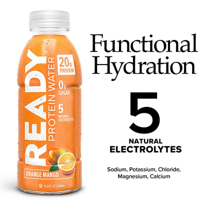 Ready Protein Water, 20g of Whey Protein Isolate, Sugar Free, Orange Mango, 12-Pack, 16.9 Fluid Ounces Each