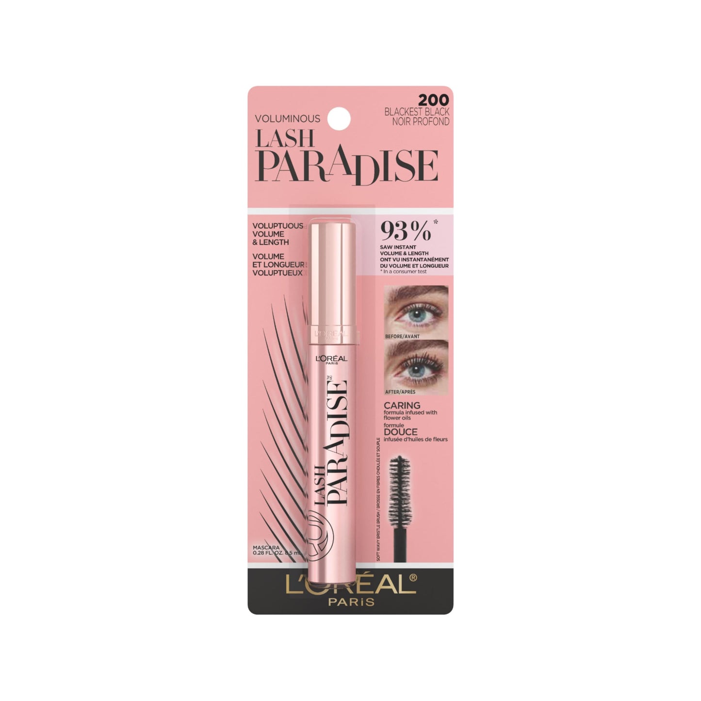 L’Oréal Paris Voluminous Lash Paradise Mascara, Lengthening Mascara, Volume & Length for Up to 24 Hours with Flower Oil Infused Conditioning Formula for Sensitive Eyes, Blackest Black, 0.28 fl. oz.