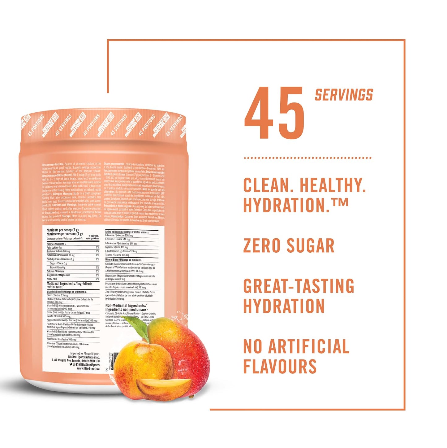 BioSteel Hydration Mix, Great Tasting Hydration with Zero Sugar, and No Artificial Flavours or Preservatives, Peach Mango Flavour, 45 Servings per Tub
