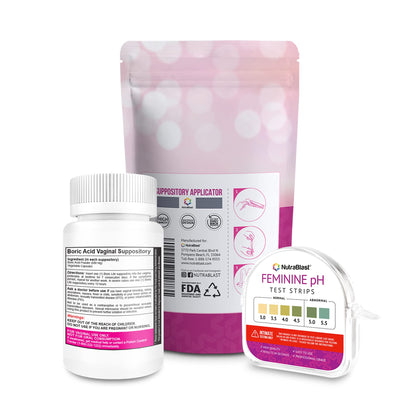 NutraBlast Boric Acid Vaginal Suppositories 600mg (30 Count) w/Disposable Vaginal Suppository Applicators (15-Pack) and Feminine pH Test Strips 3.0-5.5 (100 Tests Roll)