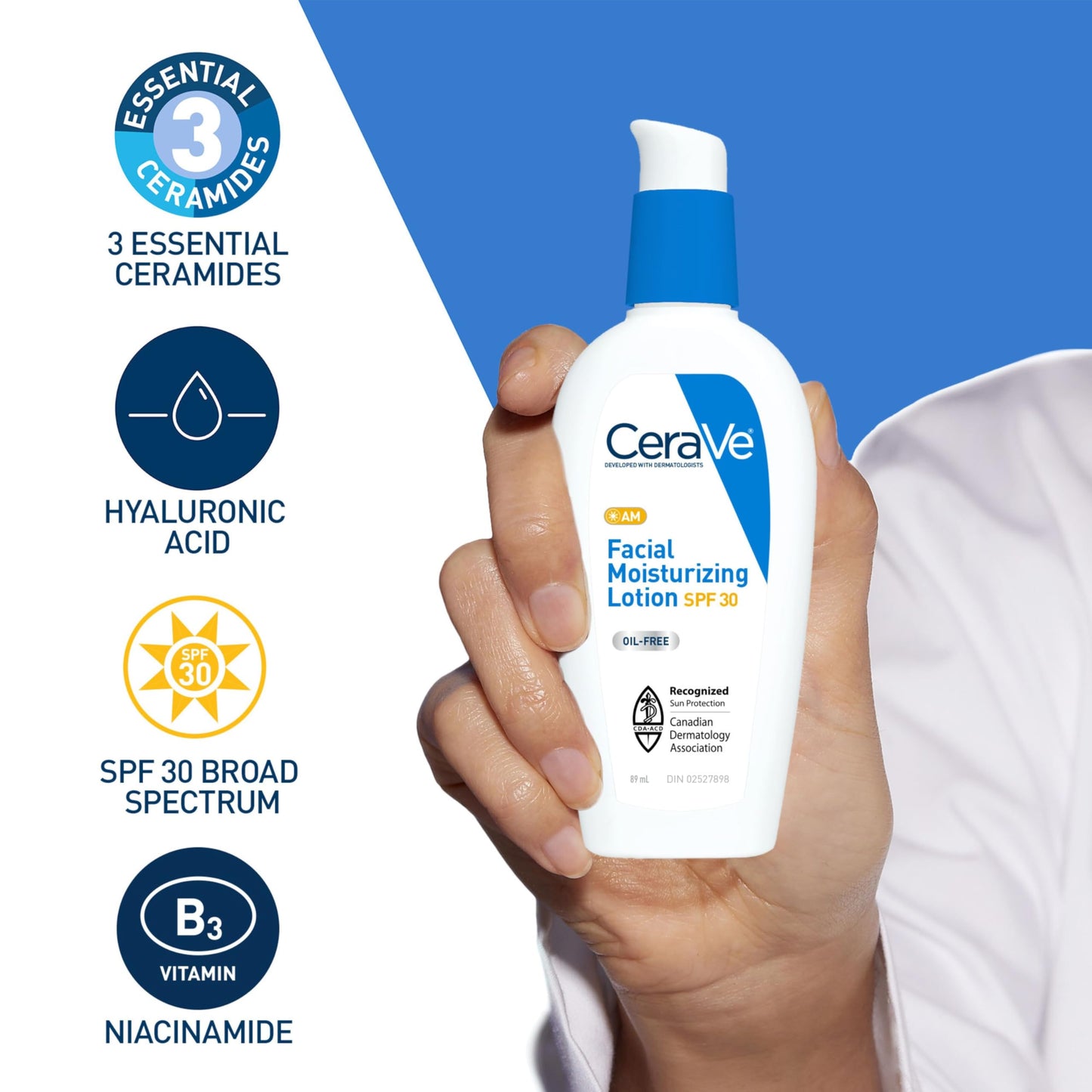 CeraVe Facial Moisturizer with SPF 30. Face Sunscreen Lotion with Hyaluronic Acid, Niacinamide & Ceramides for Women & Men. Oil-free, normal to dry skin. Verified Extended Use Date, Travel Size 89ML