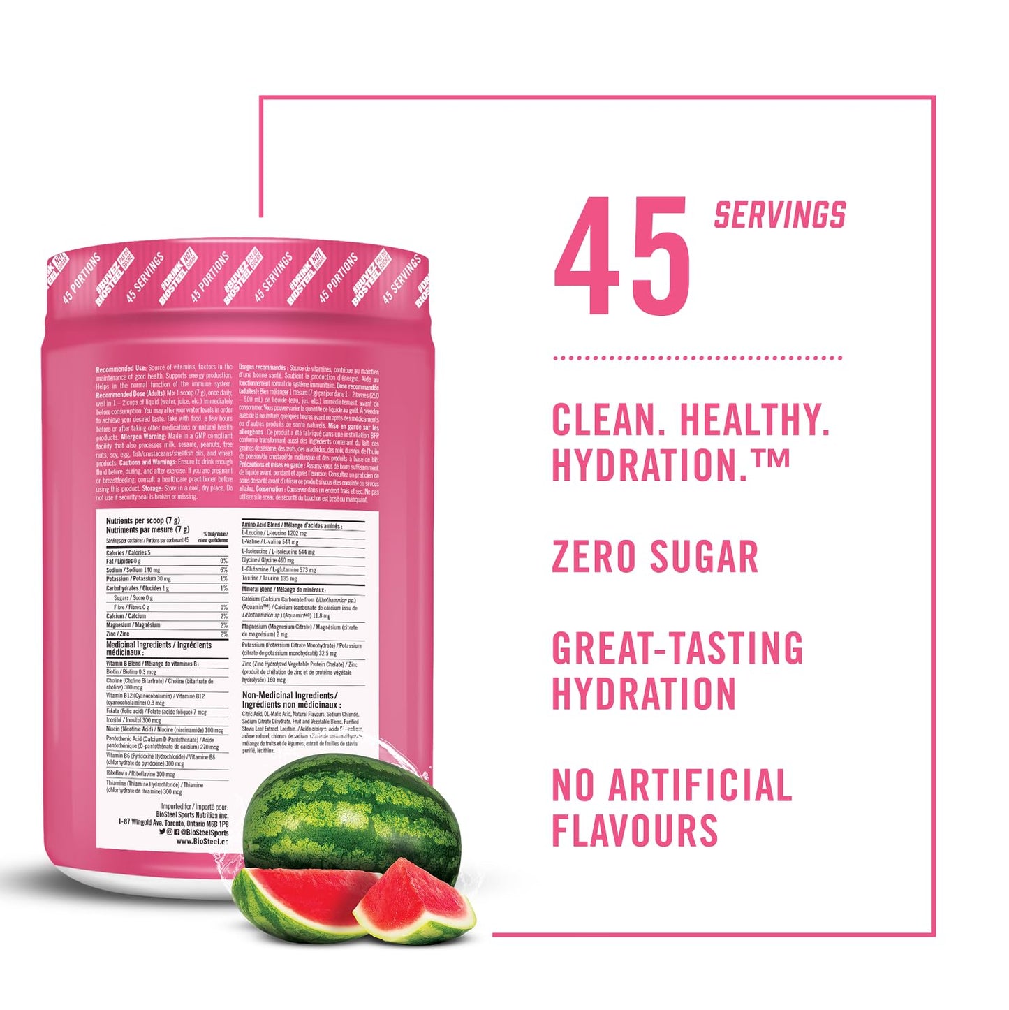 BioSteel Sports Hydration Mix, Great Tasting Hydration with Zero Sugar, and No Artificial Flavours or Preservatives, Watermelon Flavour, 100 Servings per Tub