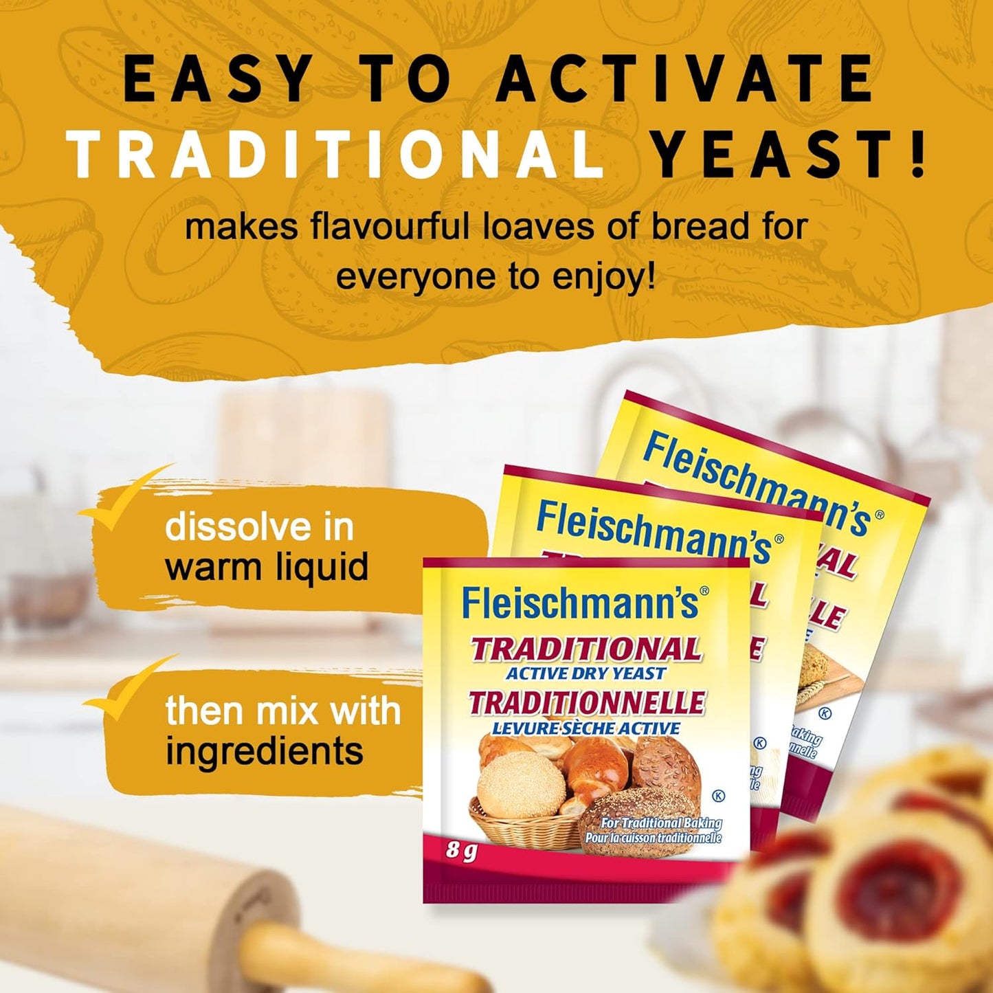 Fleischmann’s Traditional Dry Yeast 6 x 24 grams (8g per sachet), Yeast for Baking Mixes, Loaf Breads, and Other Pastries, Traditional Yeast for Baking Bread,