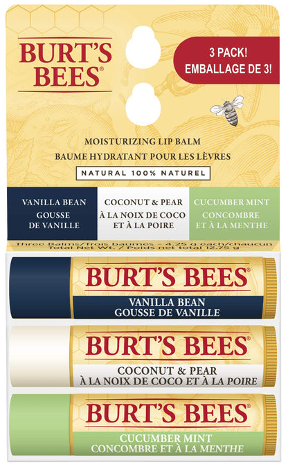 Burt's Bees Moisturizing Lip Balm for Dry Chapped Lips 100% Natural Origin, Original Beeswax with Vitamin E & Peppermint Oil, 3 Tubes, Value Pack