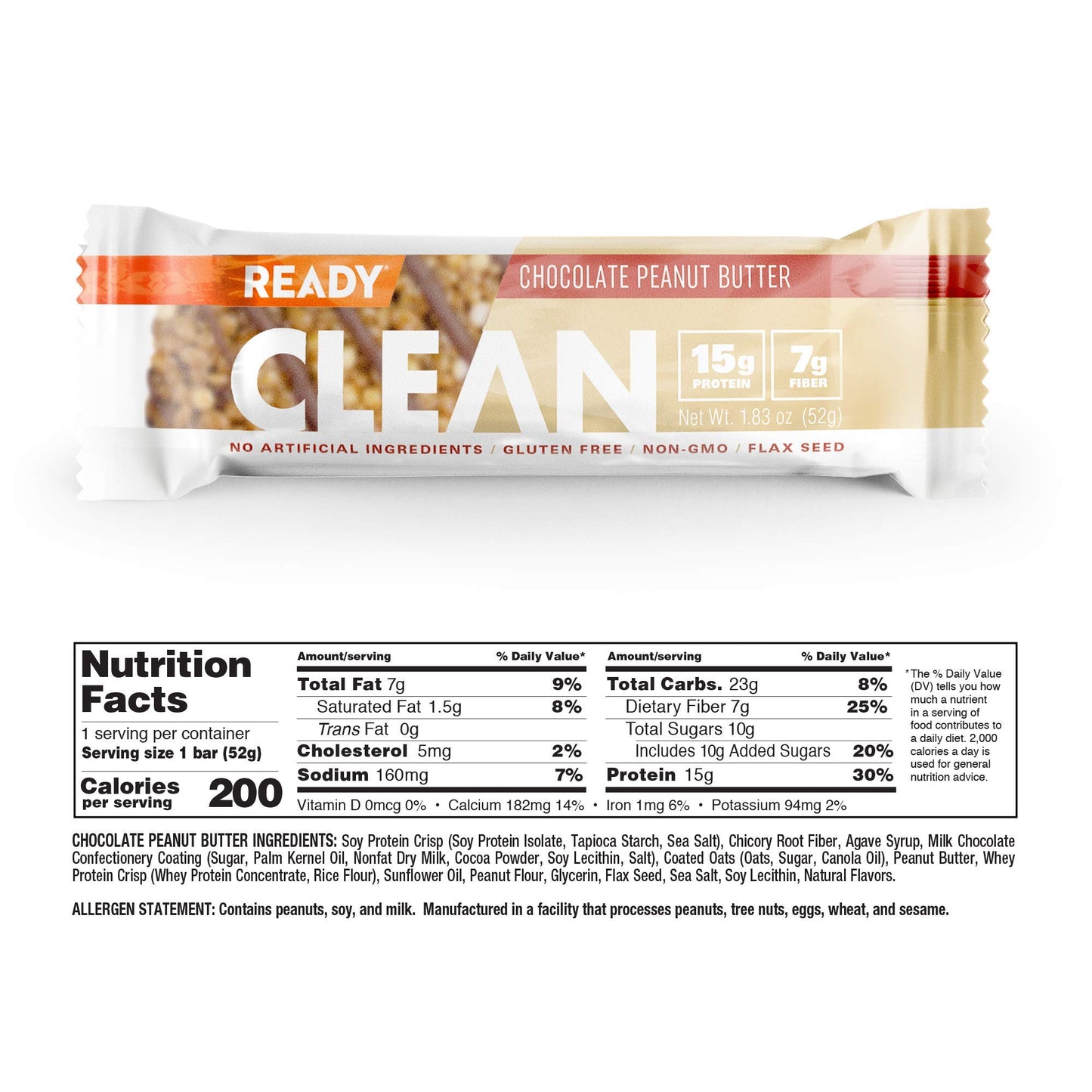 Ready CLEAN Bar, 15g of Protein, 7g Fiber, 6.5g of Whole Grains, NON-GMO, Dark Chocolate Blueberry Almond, 1.8 Ounces, 12-Pack