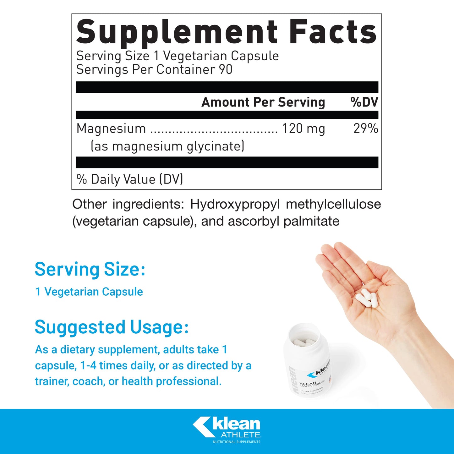 Klean ATHLETE Klean Magnesium | Supports Ability to Produce and Utilize Energy (ATP), Contract and Relax Muscles and Improves Recovery Time* | NSF Certified for Sport | 90 Vegetarian Capsules