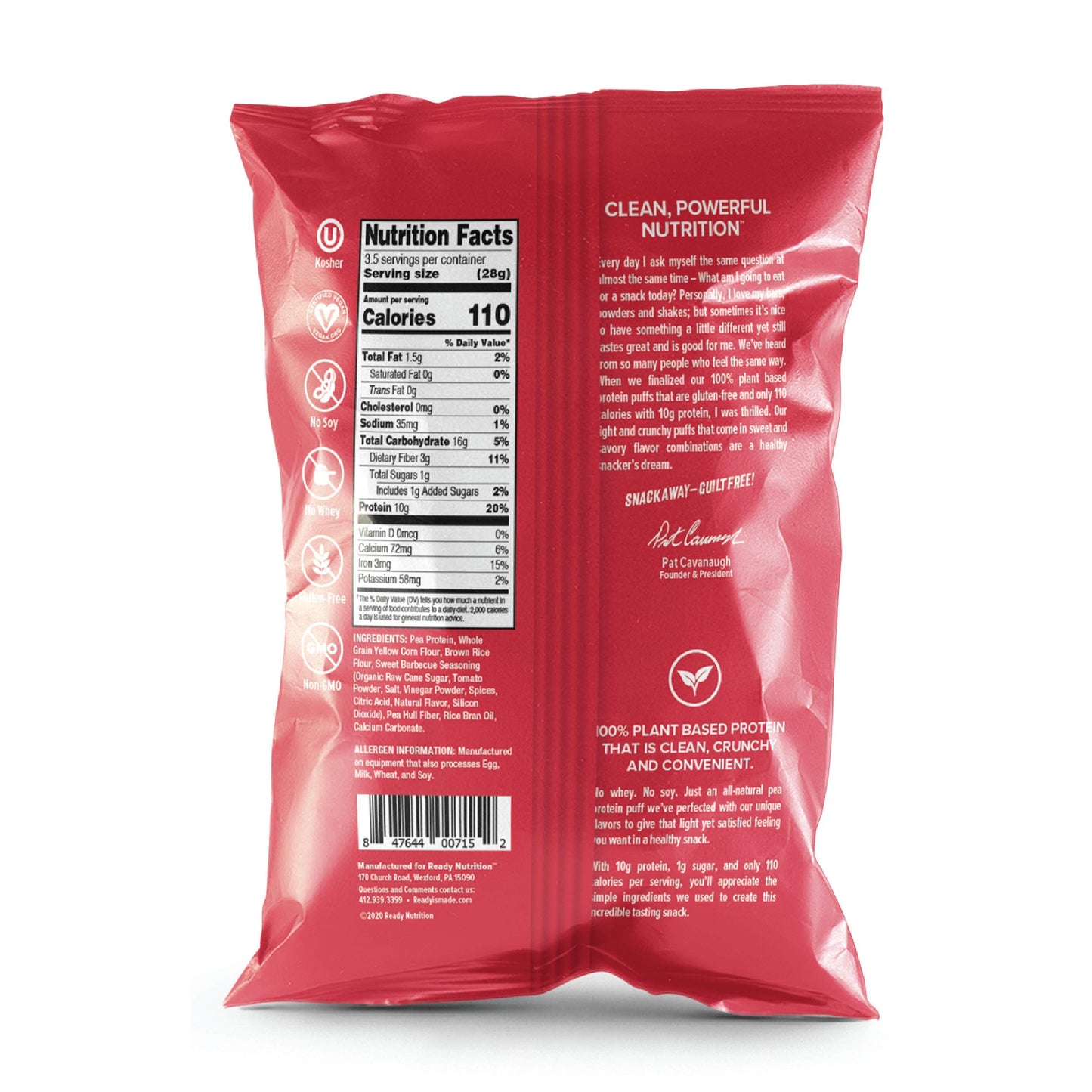 Ready Protein Puffs, 10g Plant-Based Protein, Gluten-Free, Vegan, Non-GMO, Barbecue, 3.5 Ounce Pouch, 6-Pack