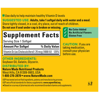 Nature Made Vitamin D3 1000 IU (25 mcg), Dietary Supplement for Bone, Teeth, Muscle and Immune Health Support, 300 Softgels, 300 Day Supply