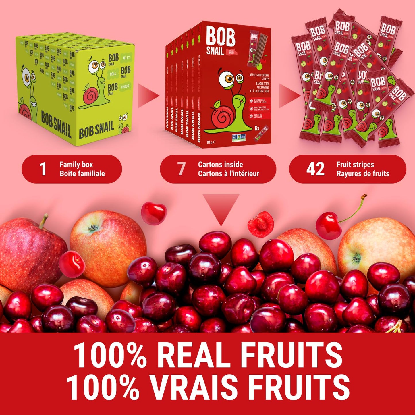 Bob Snail Fruit Leather Sweet & Sour Family Pack - Nut free fruit Roll Ups with Dried Mango,Sour Cherry & Blackcurrant, Candy box Fruit Snacks, All Natural Healthy Snacks for kids, Sugar Free sour Candy, 42 pcs Pack / 588 gram candy bulk (Exotic Mix)