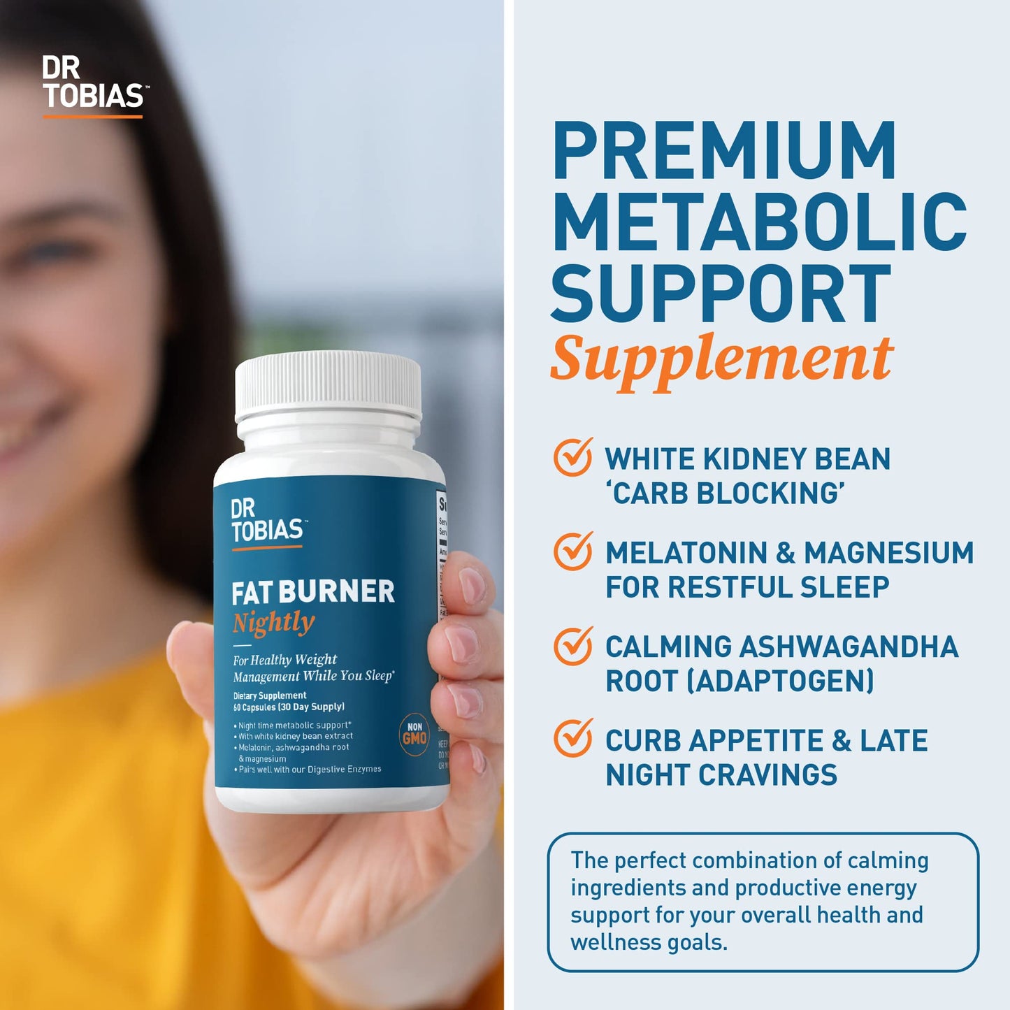 Dr. Tobias Fat Burner Nightly, Night Time Metabolic Support with White Kidney Bean Extract, Ashwagandha Root, Green Coffee Bean Extract & Melatonin, Non-GMO, 60 Capsules (30 Day Supply)