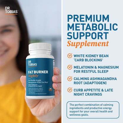 Dr. Tobias Fat Burner Nightly, Night Time Metabolic Support with White Kidney Bean Extract, Ashwagandha Root, Green Coffee Bean Extract & Melatonin, Non-GMO, 60 Capsules (30 Day Supply)