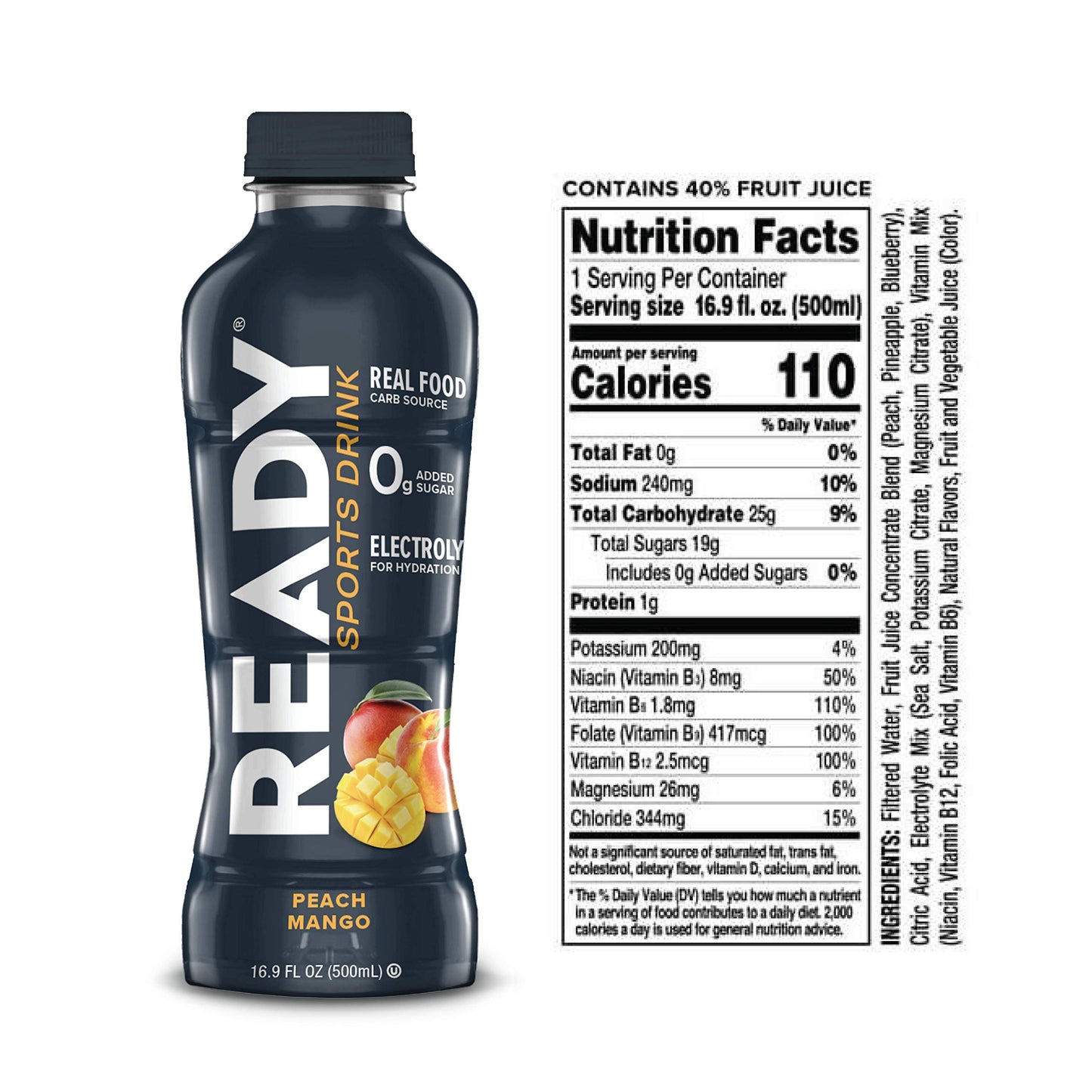 Ready Sports Drink, Electrolyte Blend with B Vitamins and No Added Sugar, Peach Mango, 16.9 Fluid Ounces