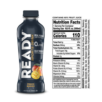 Ready Sports Drink, Electrolyte Blend with B Vitamins and No Added Sugar, Peach Mango, 16.9 Fluid Ounces