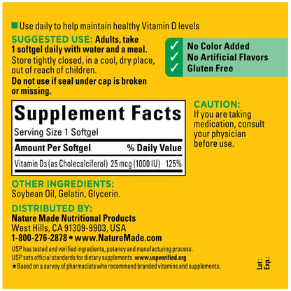Nature Made Vitamin D3 1000 IU (25 mcg), Dietary Supplement for Bone, Teeth, Muscle and Immune Health Support, 300 Softgels, 300 Day Supply