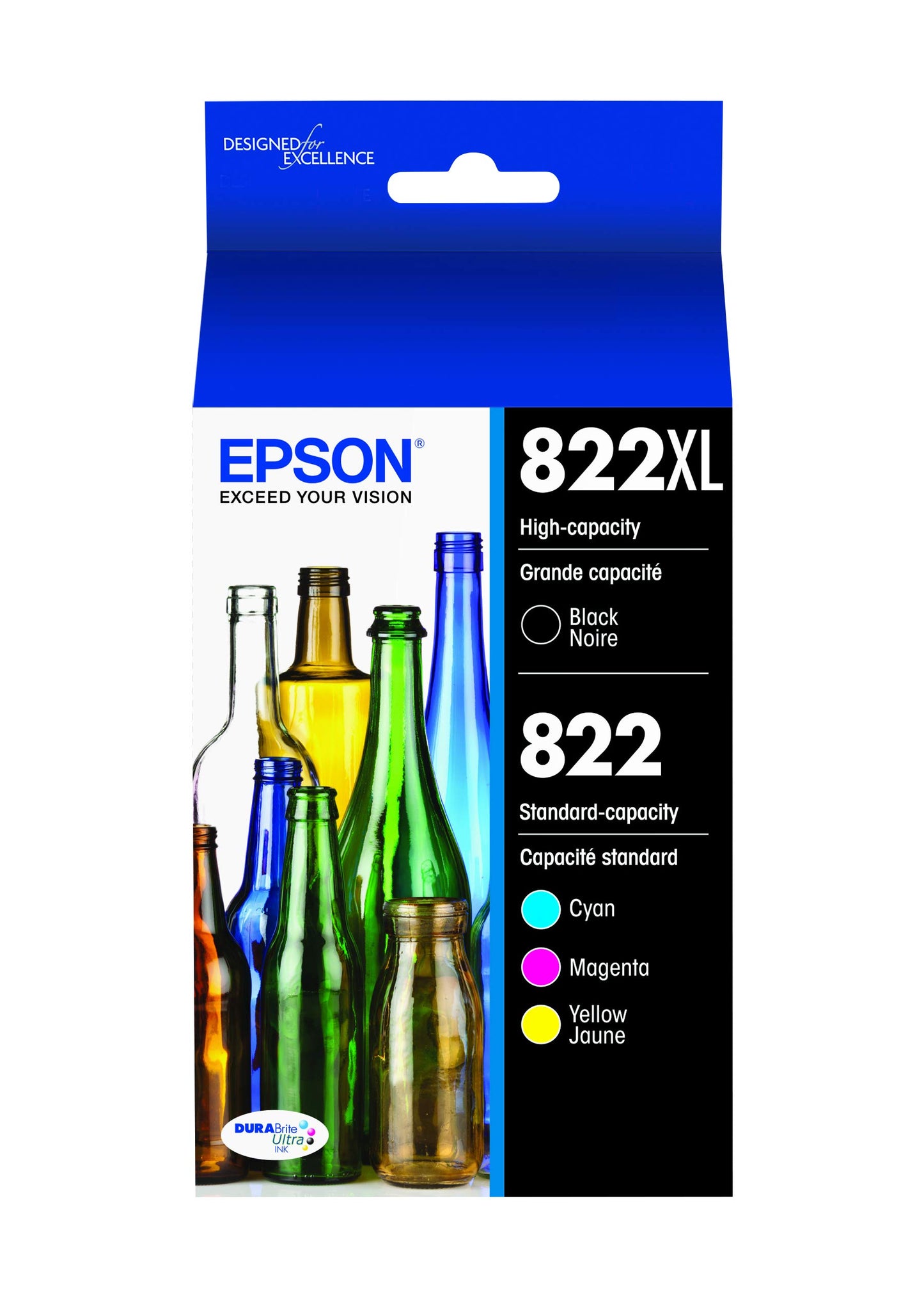 EPSON 822 DURABrite Ultra Ink High Capacity Black & Standard Colour Cartridge Combo Pack (T822XL-BCS) Works with Workforce Pro WF-3820, WF-3823, WF-4820, WF-4830, WF-4833, WF-4834