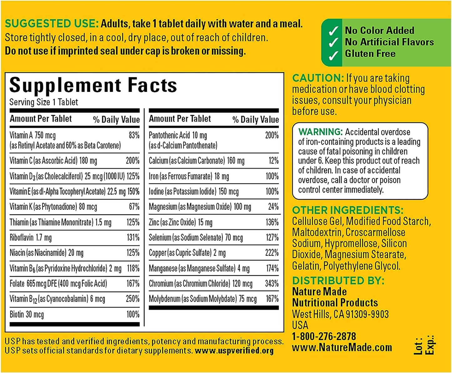 Nature Made Multivitamin Tablets with Iron, Multivitamin for Women and Men for Daily Nutritional Support, 130 Tablets, 130 Day Supply