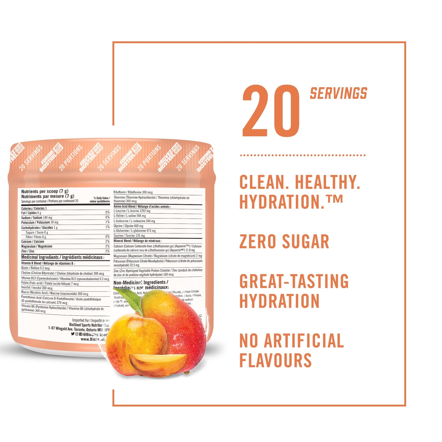 BioSteel Hydration Mix, Great Tasting Hydration with Zero Sugar, and No Artificial Flavours or Preservatives, Peach Mango Flavour, 45 Servings per Tub