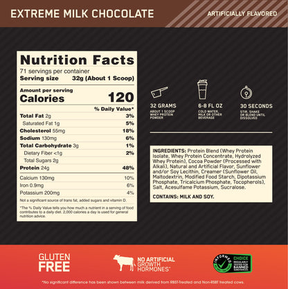 Optimum Nutrition Gold Standard 100% Whey Protein Powder, 2.270g - Extreme Milk Chocolate - 70 servings (packaging may vary)