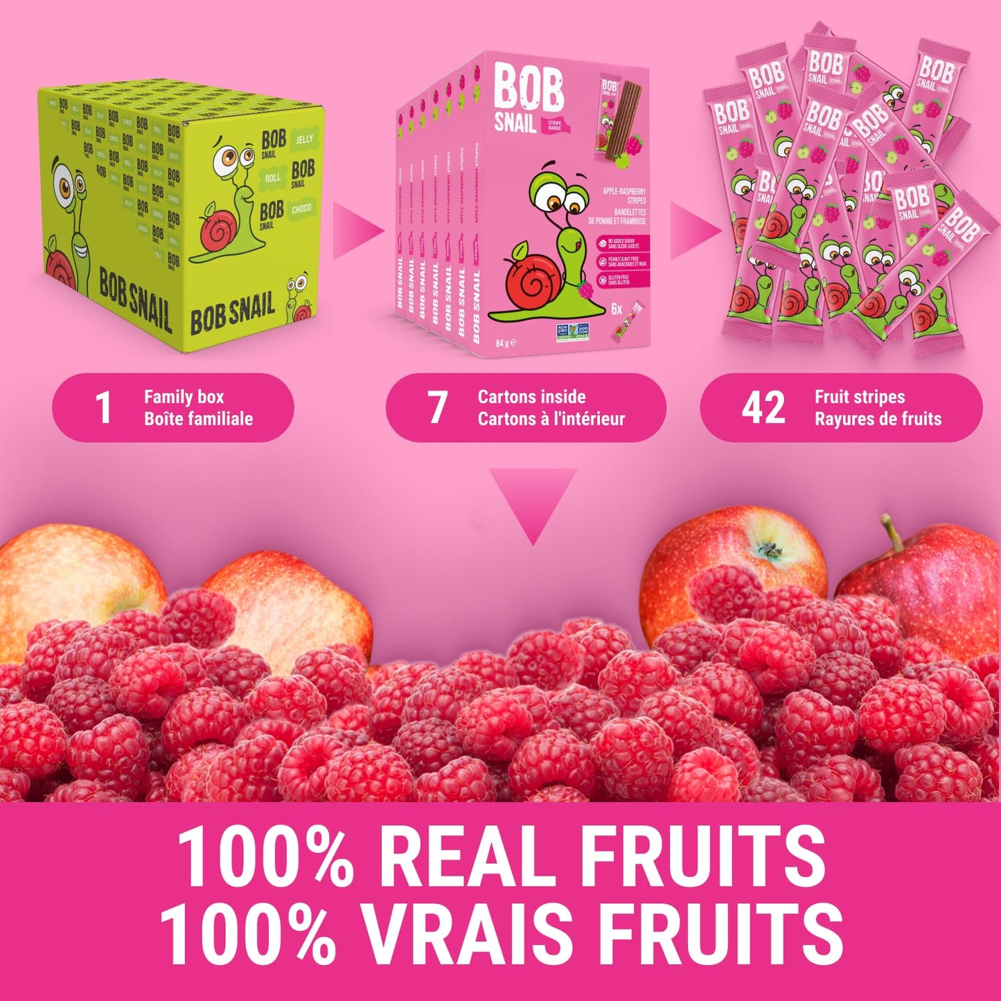 Bob Snail Fruit Leather Sweet & Sour Family Pack - Nut free fruit Roll Ups with Dried Mango,Sour Cherry & Blackcurrant, Candy box Fruit Snacks, All Natural Healthy Snacks for kids, Sugar Free sour Candy, 42 pcs Pack / 588 gram candy bulk (Exotic Mix)