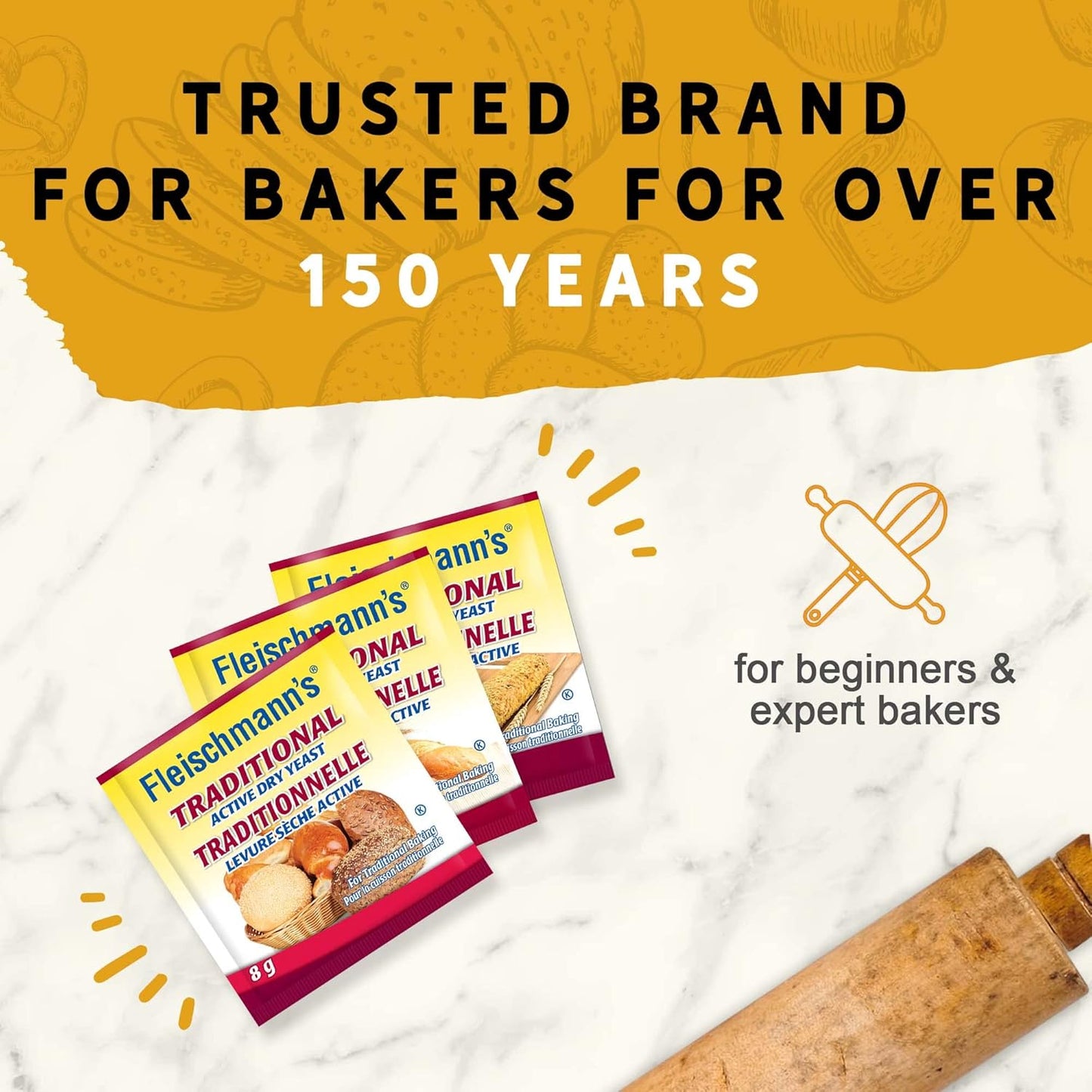Fleischmann’s Traditional Dry Yeast 6 x 24 grams (8g per sachet), Yeast for Baking Mixes, Loaf Breads, and Other Pastries, Traditional Yeast for Baking Bread,