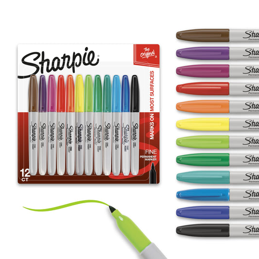 Sharpie Permanent Markers, Fine Point, Assorted Colours, 12 Count