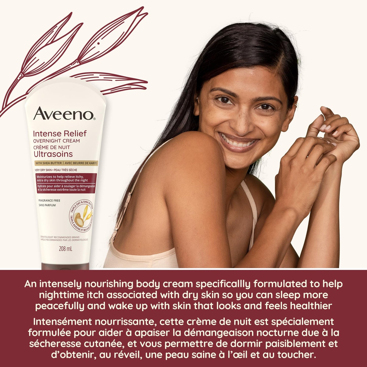 Aveeno Intense Relief Overnight Cream - Shea Butter, Colloidal Oatmeal - Dry Skin Lotion- Fragrance Free, 208 mL