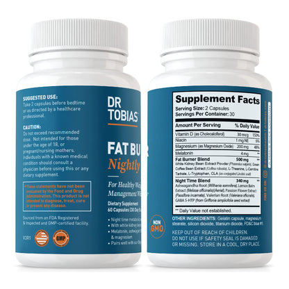 Dr. Tobias Fat Burner Nightly, Night Time Metabolic Support with White Kidney Bean Extract, Ashwagandha Root, Green Coffee Bean Extract & Melatonin, Non-GMO, 60 Capsules (30 Day Supply)