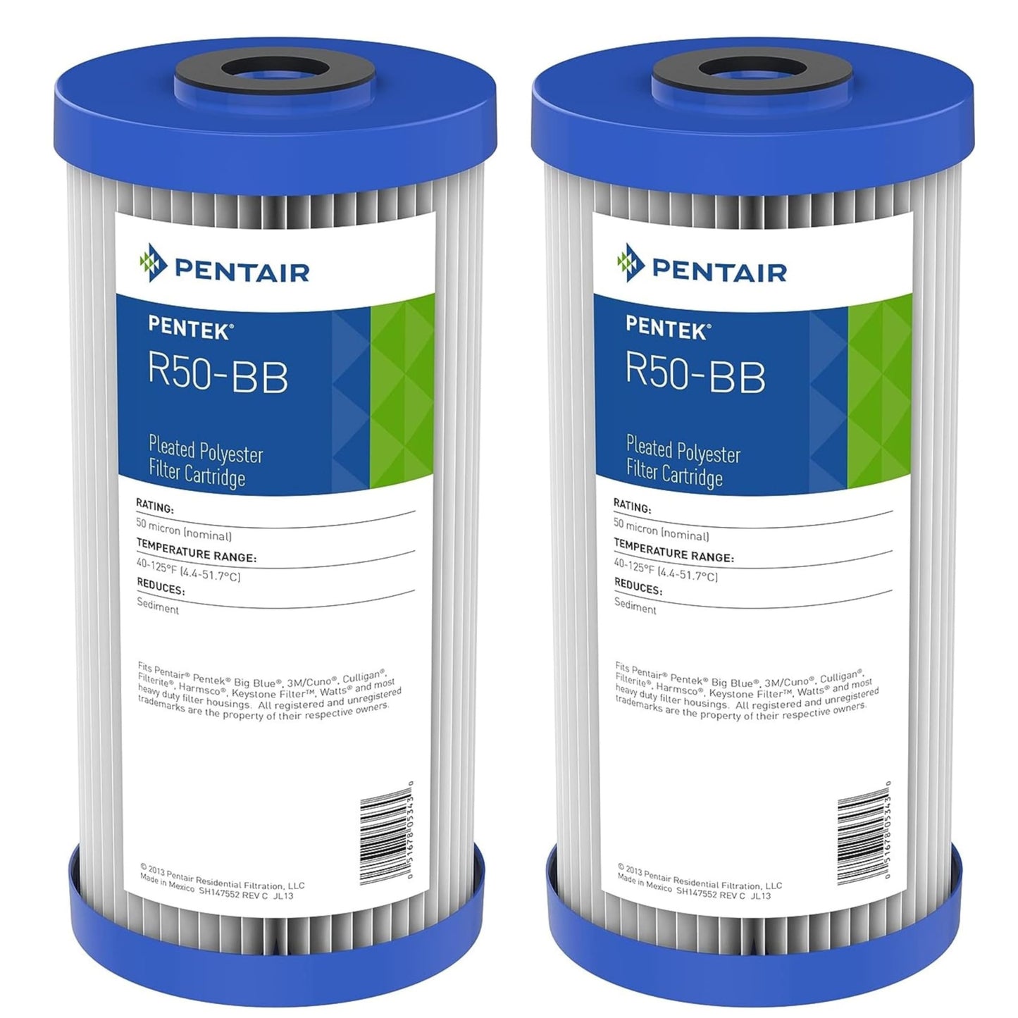 Pentair Pentek R50-BB Big Blue Sediment Water Filter, 10-Inch, Whole House Pleated Polyester Filter Cartridge, 10" x 4.5", 50 Micron, Pack of 2