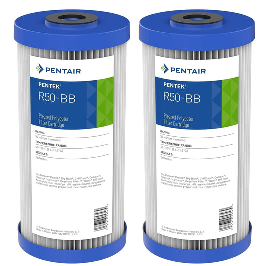 Pentair Pentek R50-BB Big Blue Sediment Water Filter, 10-Inch, Whole House Pleated Polyester Filter Cartridge, 10" x 4.5", 50 Micron, Pack of 2